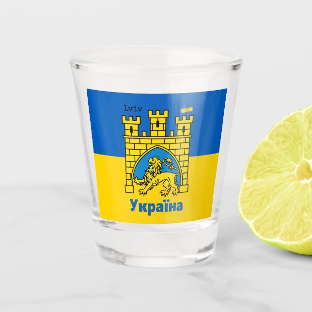 Ukraine & Lviv City - Coat of Arms, Ukrainian Flag Shot Glass (Front)