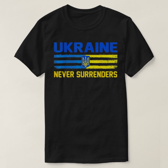 UKRAINE Never Surrenders, Ukraine Flag and Trident T-Shirt (Design Front)