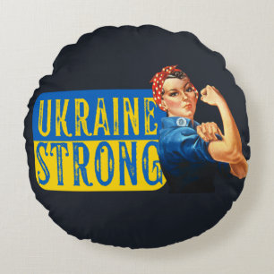Ukraine Strong Rosie the Riveter   Round Cushion