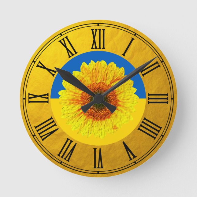 Ukraine Sunflower & Ukrainian Flag / Flower Round Clock (Front)