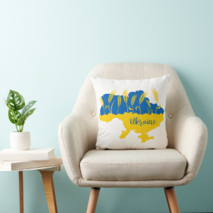Ukraine typography and wheat ear on Ukrainian flag Cushion