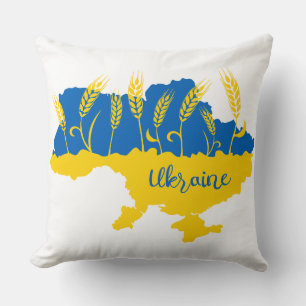 Ukraine typography and wheat ear on Ukrainian flag Cushion
