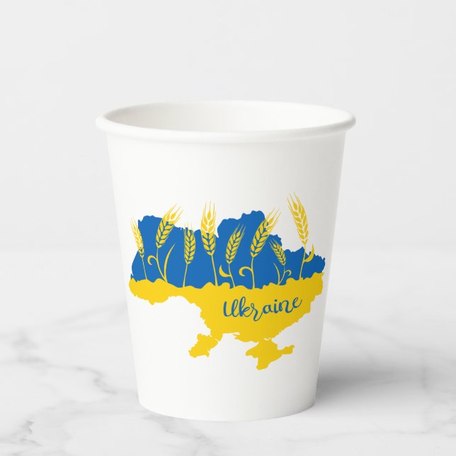 Ukraine typography and wheat ear on Ukrainian flag Paper Cups (Front)