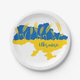 Ukraine typography and wheat ear on Ukrainian flag Paper Plate