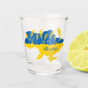 Ukraine typography and wheat ear on Ukrainian flag Shot Glass