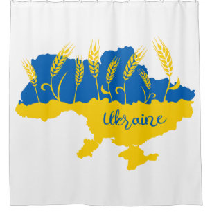Ukraine typography and wheat ear on Ukrainian flag Shower Curtain