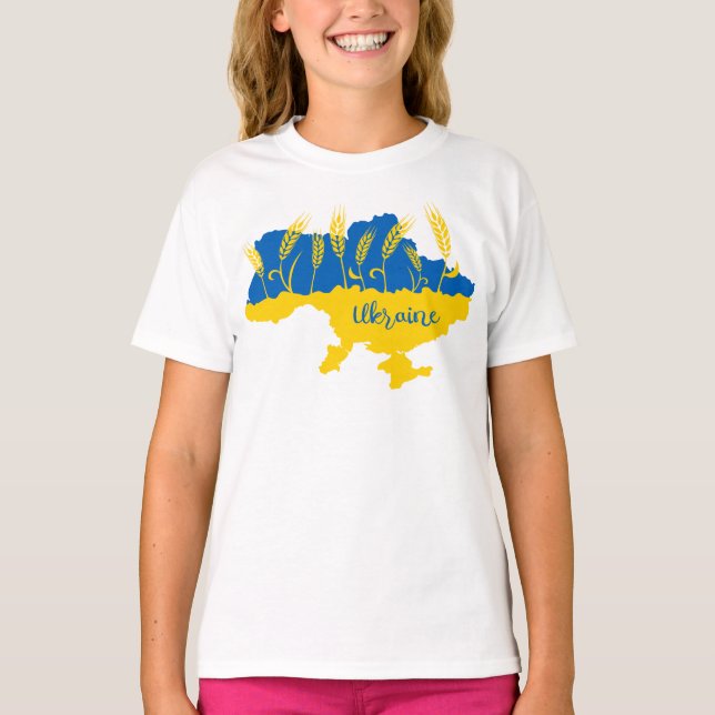 Ukraine typography and wheat ear on Ukrainian flag T-Shirt (Front)