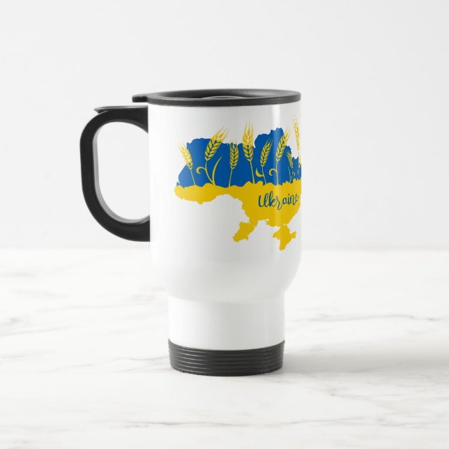 Ukraine typography and wheat ear on Ukrainian flag Travel Mug (Left)