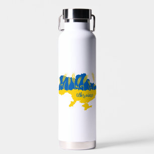 Ukraine typography and wheat ear on Ukrainian flag Water Bottle