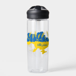 Ukraine typography and wheat ear on Ukrainian flag Water Bottle