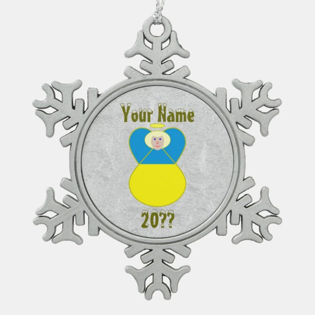 Ukrainian Angel Flag Blonde Hair Snowflake Pewter Christmas Ornament (Front)