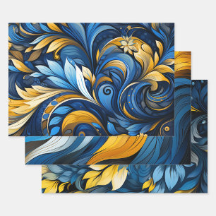 Ukrainian blue and yellow art motifs 3 wrapping paper sheet
