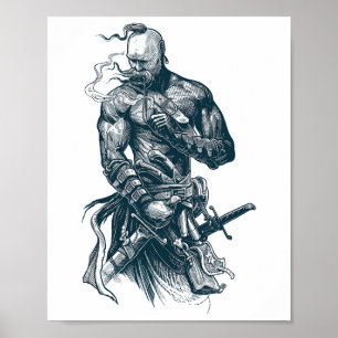 Ukrainian Cossack Warrior Holding Sword Fighting F Poster