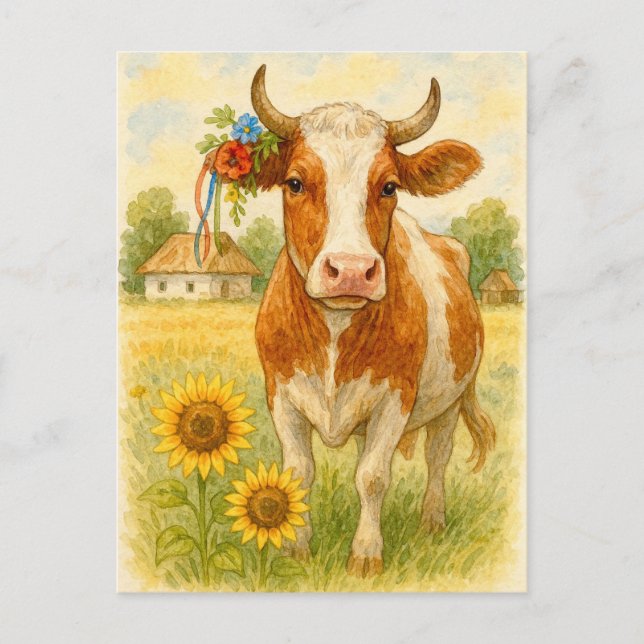 Ukrainian Cow Sunflowers Postcard Postcrossing (Front)
