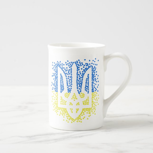 Ukrainian emblem trident tryzub scattering hearts bone china mug (Right)