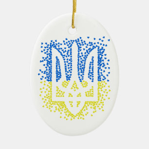 Ukrainian emblem trident tryzub scattering hearts ceramic tree decoration