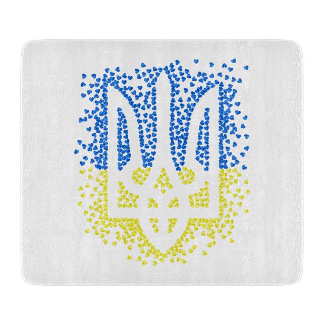 Ukrainian emblem trident tryzub scattering hearts cutting board (Front)