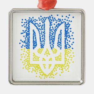 Ukrainian emblem trident tryzub scattering hearts metal tree decoration