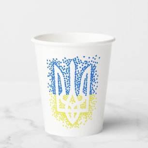 Ukrainian emblem trident tryzub scattering hearts paper cups