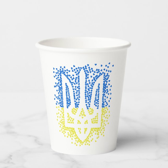 Ukrainian emblem trident tryzub scattering hearts paper cups (Front)