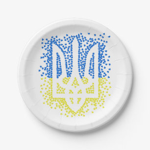 Ukrainian emblem trident tryzub scattering hearts paper plate