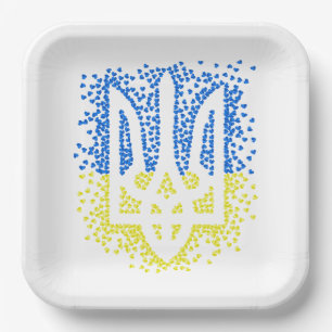 Ukrainian emblem trident tryzub scattering hearts paper plate
