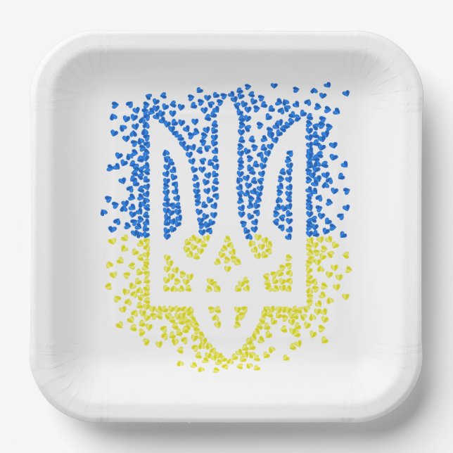 Ukrainian emblem trident tryzub scattering hearts paper plate (Front)