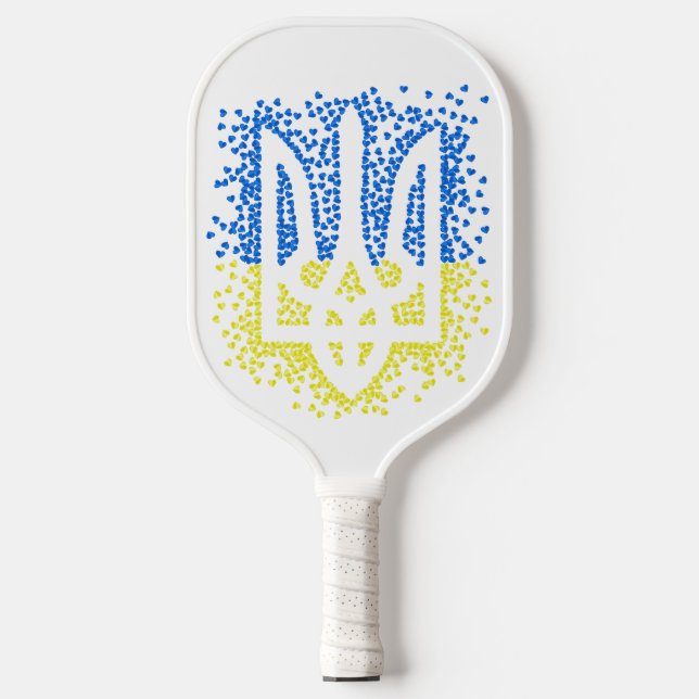 Ukrainian emblem trident tryzub scattering hearts pickleball paddle (Front)