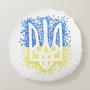 Ukrainian emblem trident tryzub scattering hearts round cushion