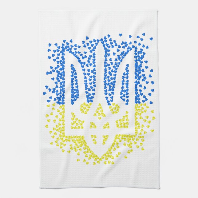 Ukrainian emblem trident tryzub scattering hearts tea towel (Vertical)
