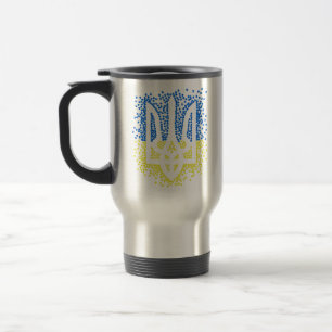 Ukrainian emblem trident tryzub scattering hearts travel mug