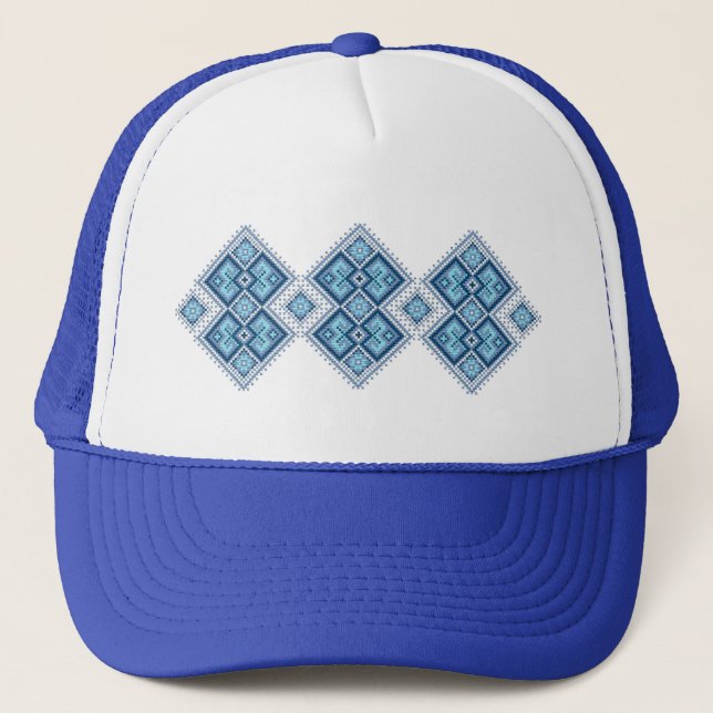 Ukrainian embroidery blue vyshyvanka trucker hat (Front)