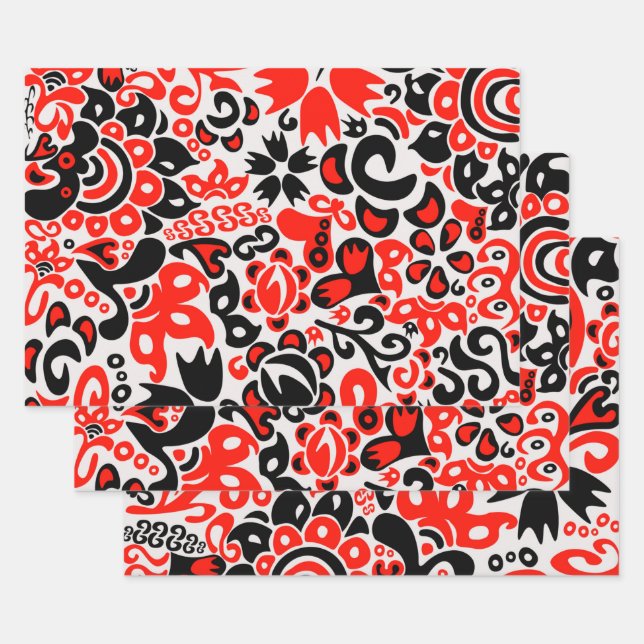 Ukrainian ethnic folk art floral pattern absrtact  wrapping paper sheet (Set)