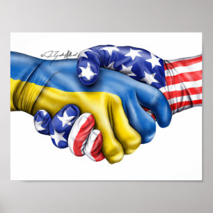 Ukrainian flag and US flag handshake  Poster