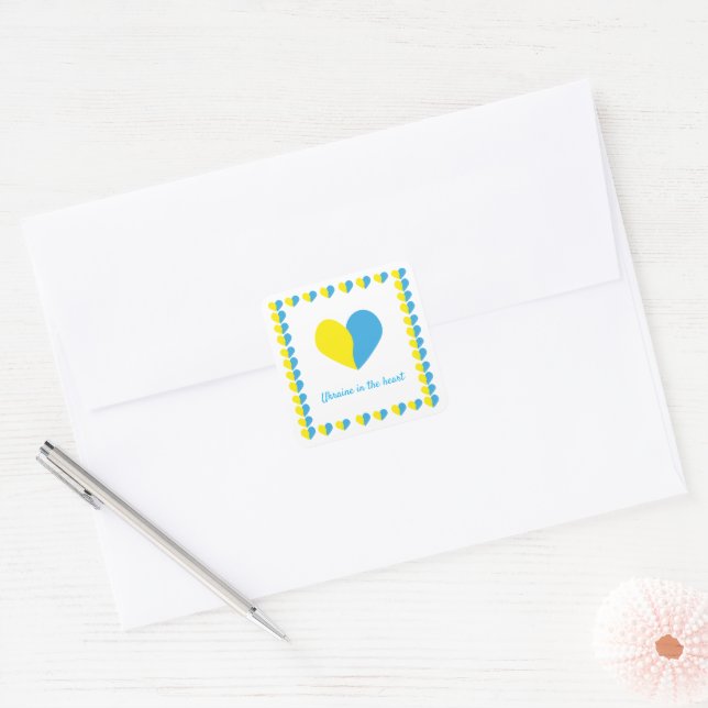 Ukrainian flag on heart simple design square sticker (Envelope)