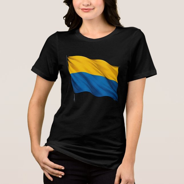 Ukrainian flag waving in the wind.  Tri-Blend shirt (Front)