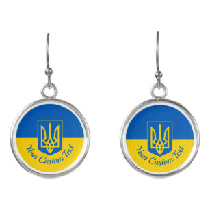 Ukrainian flag with coat of arms and custom text earrings