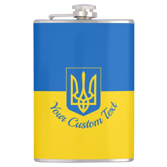 Ukrainian flag with coat of arms and custom text hip flask (Front)