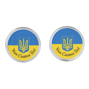 Ukrainian flag with coat of arms and custom text silver finish cufflinks