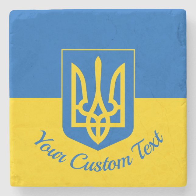 Ukrainian flag with coat of arms and custom text stone coaster (Front)