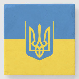Ukrainian flag with coat of arms stone coaster