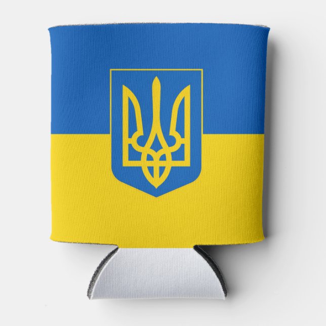 Ukrainian flag with Coat of Arms Trident.  Can Cooler (Front)