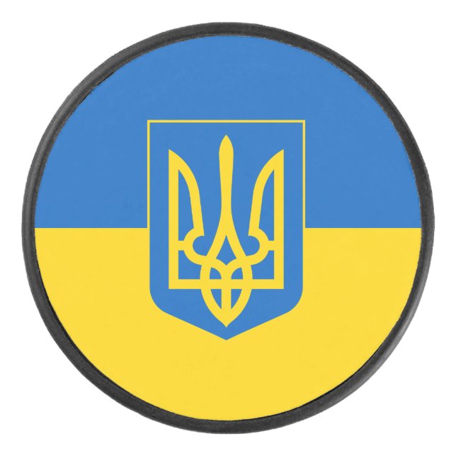 Ukrainian flag with the coat of arms hockey puck (Front)