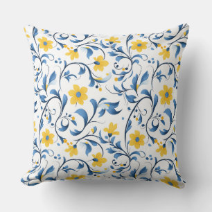 Ukrainian floral folk art motifs. Blue and yellow. Cushion