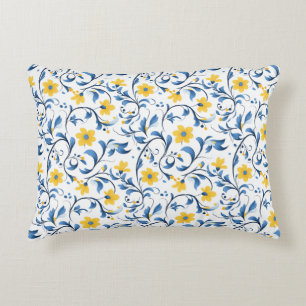 Ukrainian floral folk art motifs. Blue and yellow. Decorative Cushion