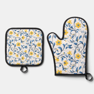 Ukrainian floral folk art motifs. oven mitt & pot holder set