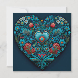 Ukrainian Folk Art- Inspired Heart in Blue Holiday Card