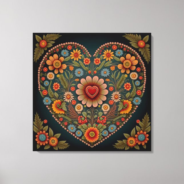 Ukrainian Folk Art - Inspired Heart in Multi Colou Canvas Print (Front)