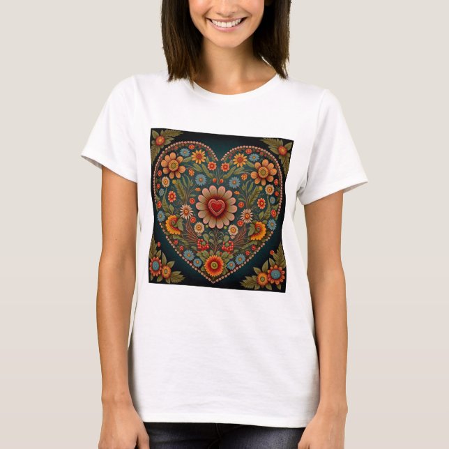 Ukrainian Folk Art - Inspired Heart, Multi Colours T-Shirt (Front)