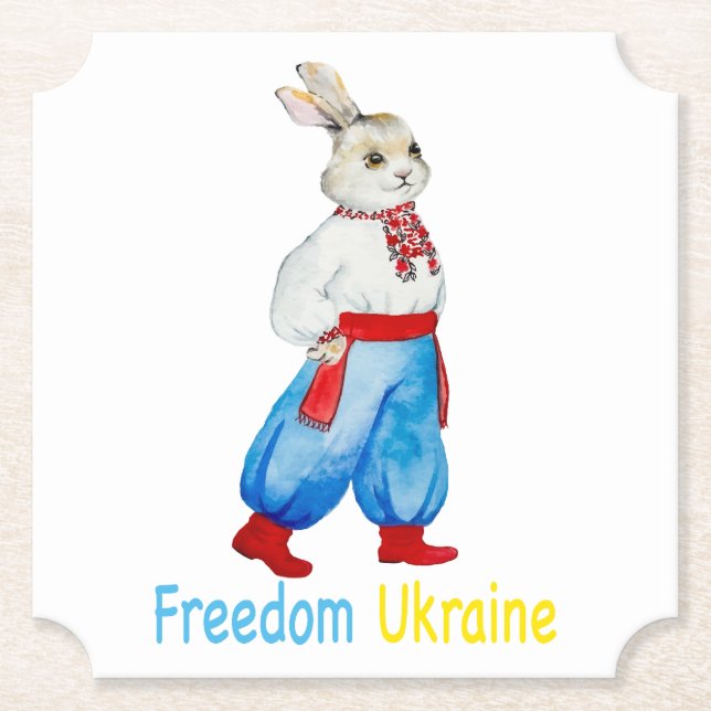 Ukrainian folk costume watercolor stylised rabbit paper coaster (Front)